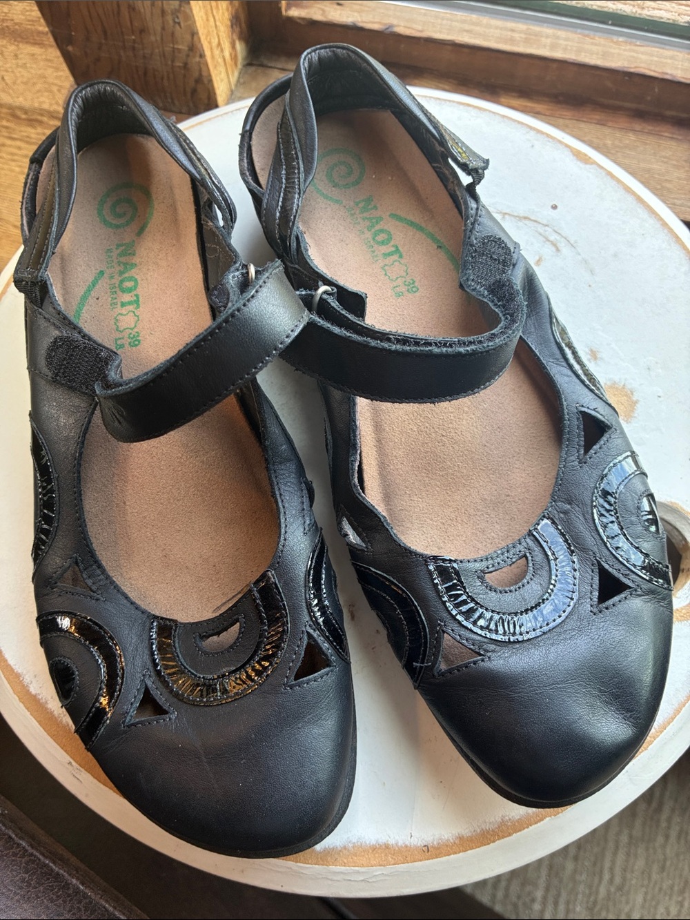 Naot Black Leather Rongo Slingback Mary Jane Flats with Decorative Cutouts